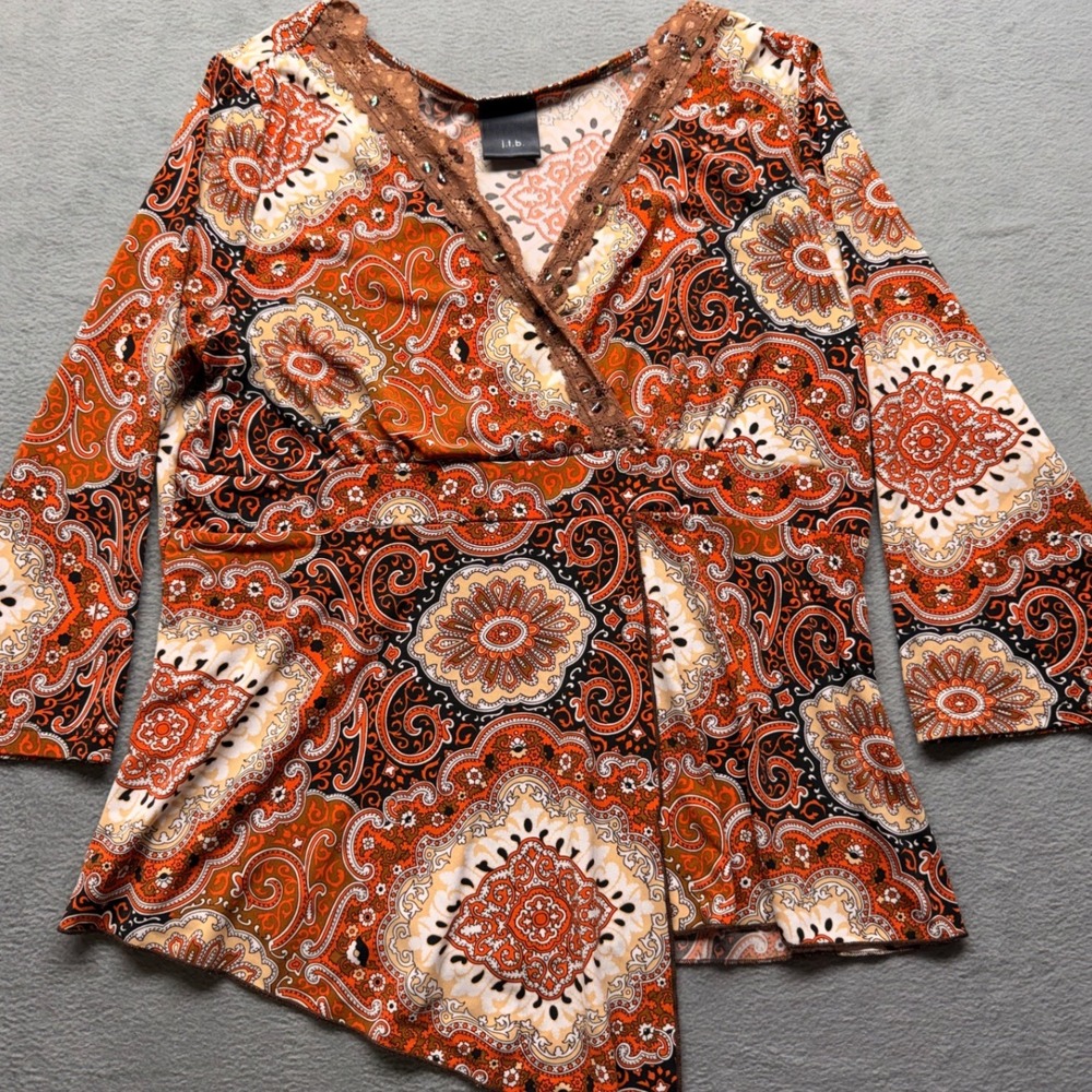 J.T.B. Beaded Orange Paisley‎ Medallion Lace Trim Asymmetric Wrap Top Size M